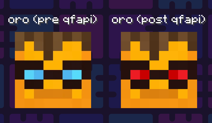 A comparison of OroArmor’s two profile pictures, featuring one head with blue eyes titled “oro (pre qfapi)” and one with red eyes titled “oro (post qfapi).